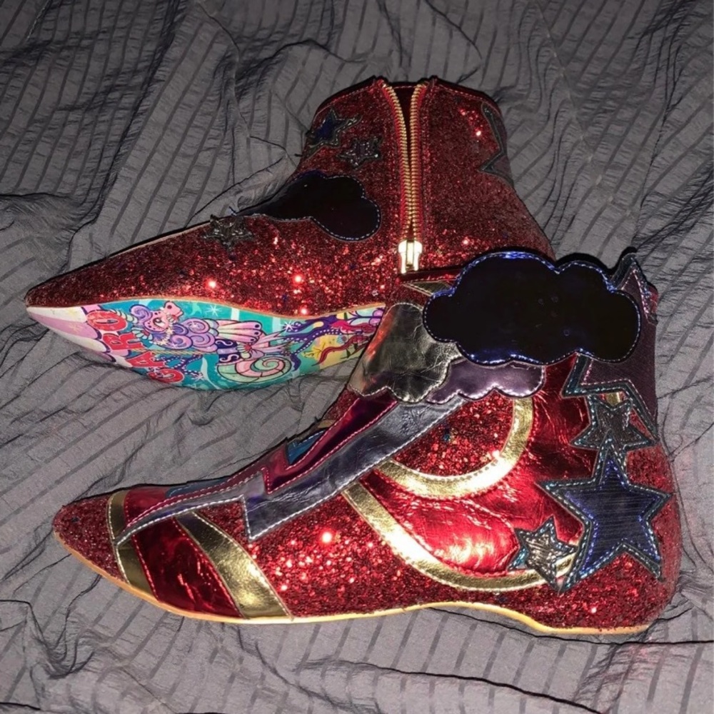 Women's Red Glitter Star & Cloud Ankle Boots With Original Box